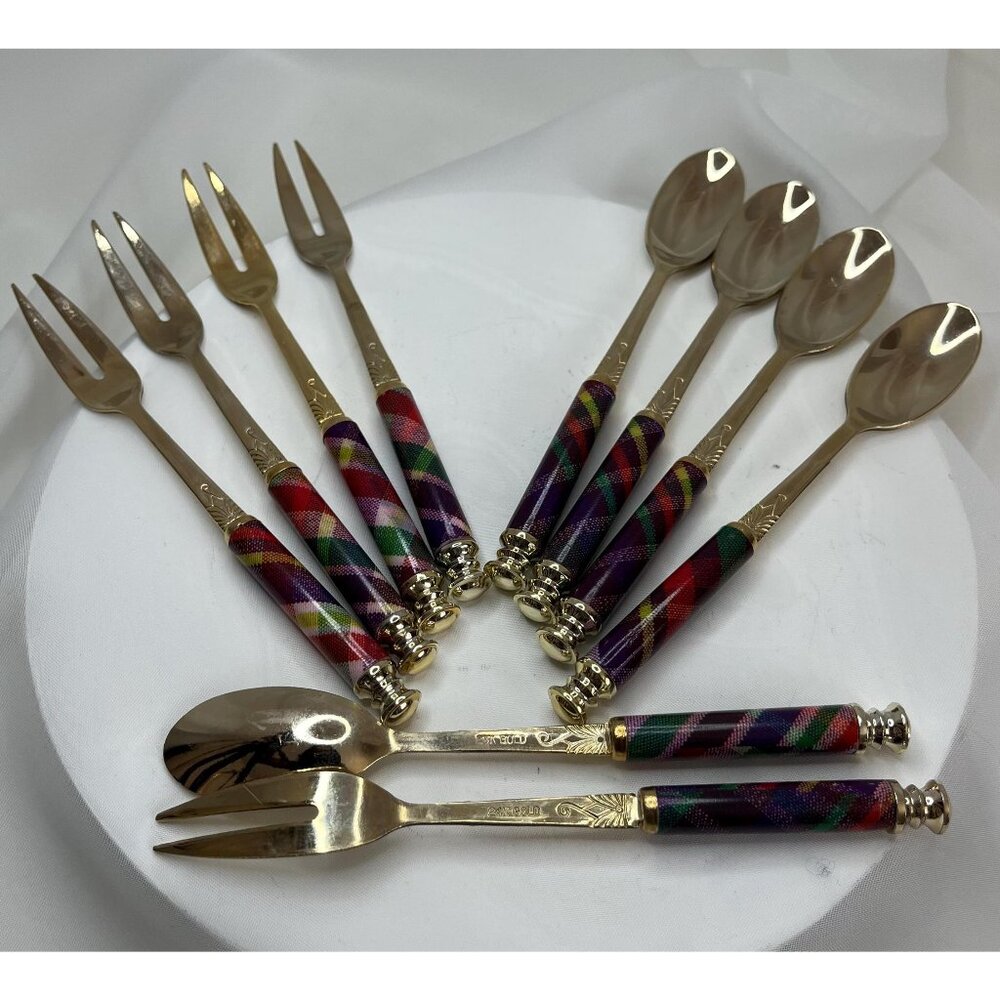 10 Pcs Fork And Spoon Dessert Utensil Enamel And 24k Gold Plated Stainless Steel